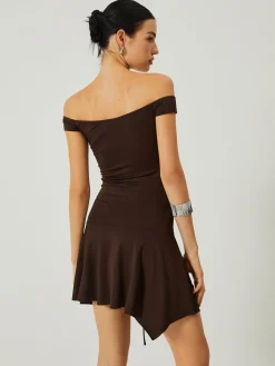 Casual Off-Shoulder Ruched Ruffle Hem Dress