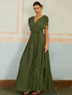 Casual Pleated Belted Long Dress