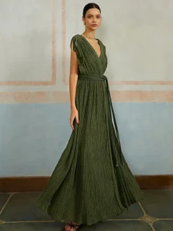 Casual Pleated Belted Long Dress