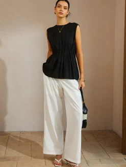 Casual Sleeveless Pleated Button Back Blouse