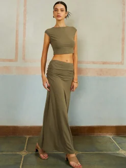 Casual Slim Fit Pleated Long Skirt Set