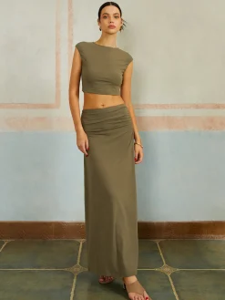 Casual Slim Fit Pleated Long Skirt Set