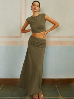 Casual Slim Fit Pleated Long Skirt Set