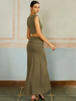 Casual Slim Fit Pleated Long Skirt Set