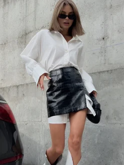 Casual Solid Shirt With Faux Leather Mini Skirt Set