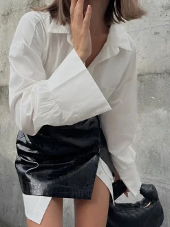 Casual Solid Shirt With Faux Leather Mini Skirt Set