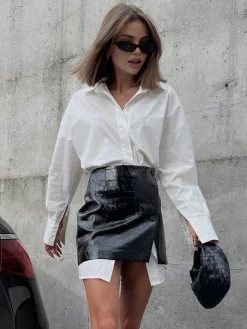 Casual Solid Shirt With Faux Leather Mini Skirt Set