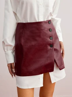 Casual Solid Shirt With Faux Leather Mini Skirt Set