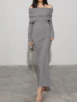 Charcoal Off Shoulder Overfold Long Sleeve Long Dress