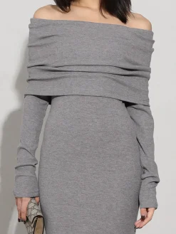 Charcoal Off Shoulder Overfold Long Sleeve Long Dress