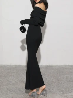 Charcoal Off Shoulder Overfold Long Sleeve Long Dress