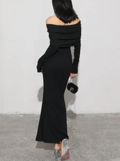 Charcoal Off Shoulder Overfold Long Sleeve Long Dress
