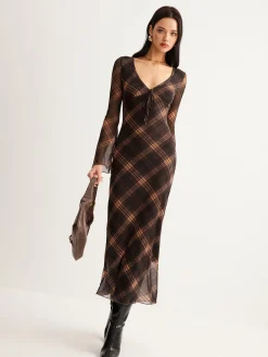 Checked Bell-Sleeve Mesh Dress