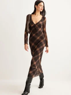 Checked Bell-Sleeve Mesh Dress