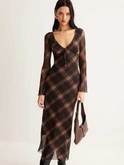 Checked Bell-Sleeve Mesh Dress
