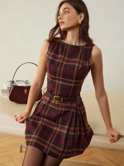 Checked Pleated Tank Dress Without Belt