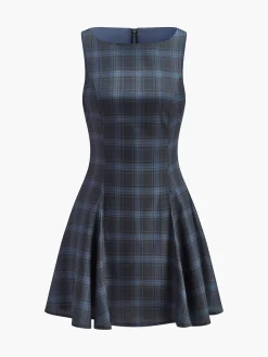 Checked Pleated Zipper Tank Dress