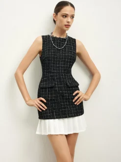 Checkered Tweed Panel Tank Dress