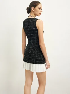 Checkered Tweed Panel Tank Dress