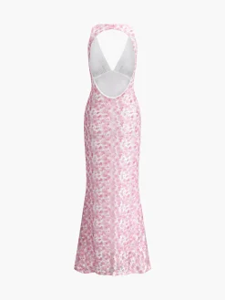 Cherry Blossom Halter Backless Long Dress