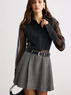 Chevron Belted Tweed Skirt
