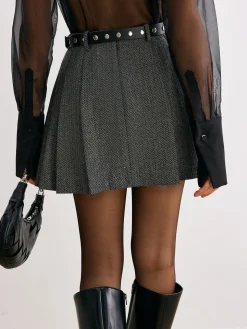 Chevron Belted Tweed Skirt