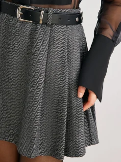 Chevron Belted Tweed Skirt