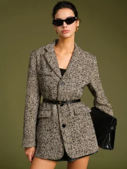 Chevron Tweed Belted Blazer