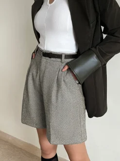 Chevron Tweed Belted Knee Shorts