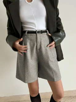 Chevron Tweed Belted Knee Shorts