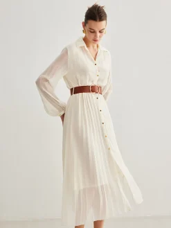 Chiffon Button Pleated Dress With Belt
