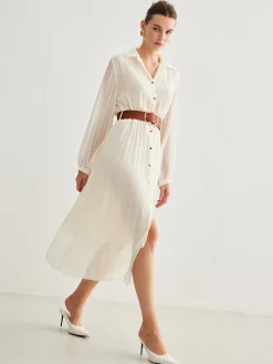 Chiffon Button Pleated Dress With Belt