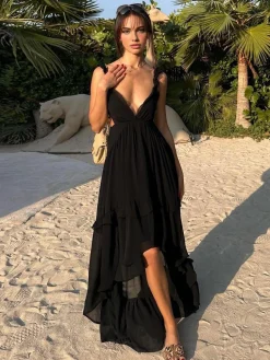 Chiffon High-Low Hem Cutout Long Dress