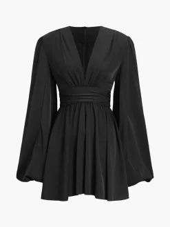 Chiffon Low Cut V-neck Pleated Zip Mini Dress