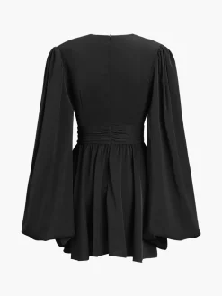 Chiffon Low Cut V-neck Pleated Zip Mini Dress
