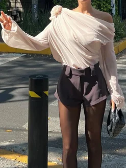 Chiffon Semi-sheer One Shoulder Asymmetrical Top