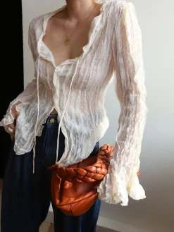 Chiffon Sheer Lettuce Trim Long Sleeve Shirt