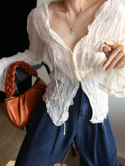 Chiffon Sheer Lettuce Trim Long Sleeve Shirt