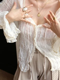 Chiffon Sheer Lettuce Trim Long Sleeve Shirt