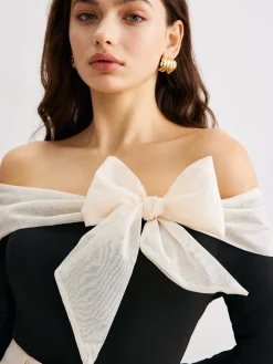 Chiffon-Bow Off-Shoulder Slim Blouse