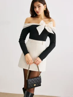 Chiffon-Bow Off-Shoulder Slim Blouse