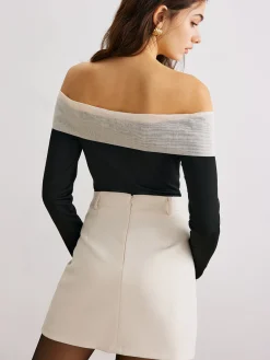 Chiffon-Bow Off-Shoulder Slim Blouse