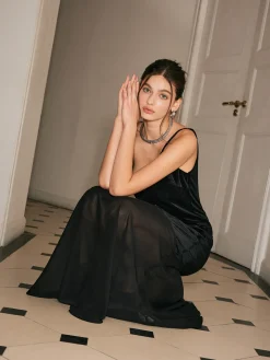 Chiffon-Hem Velvet Cami Dress