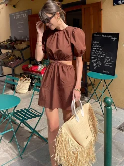 Cocoa Bean Cotton Blends Cutout Short Dress
