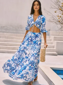 Cocoa Palm Print Boho Knotted Vacation Skirt Set