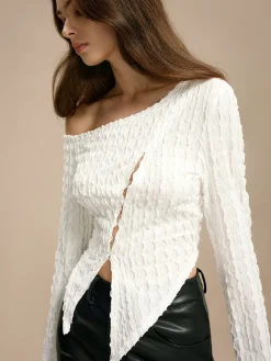 Cold Shoulder Cutout Plisse Blouse