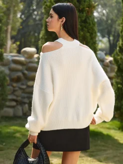 Cold-Shoulder Choker Shift Sweater