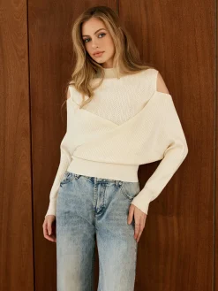 Cold-Shoulder Criss Cross Panel Sweater