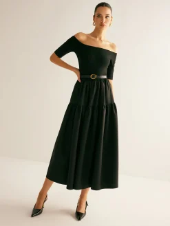 Cold-Shoulder Panel Pleated Belted Dress