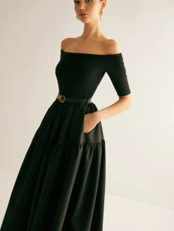 Cold-Shoulder Panel Pleated Belted Dress
